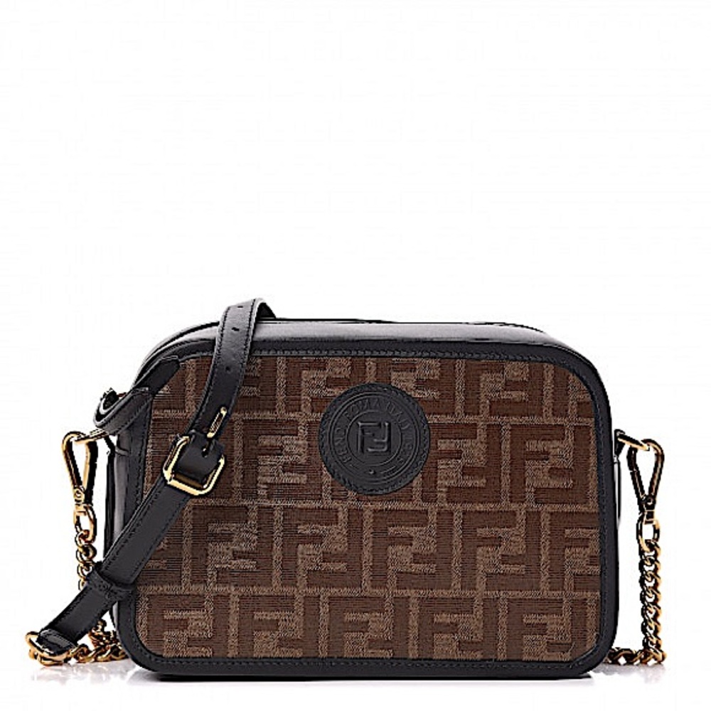 FENDI Glazed Fabric Vitello Century FF 1974 Stamp Patch Camera Case Mogano Panna